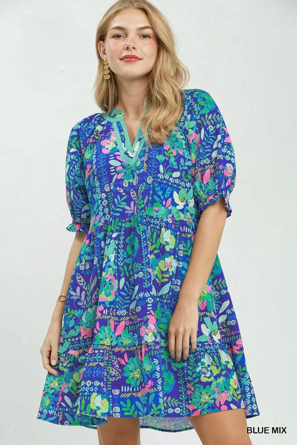 Umgee Mix Botanical Print Puff Sleeve Tiered Dress