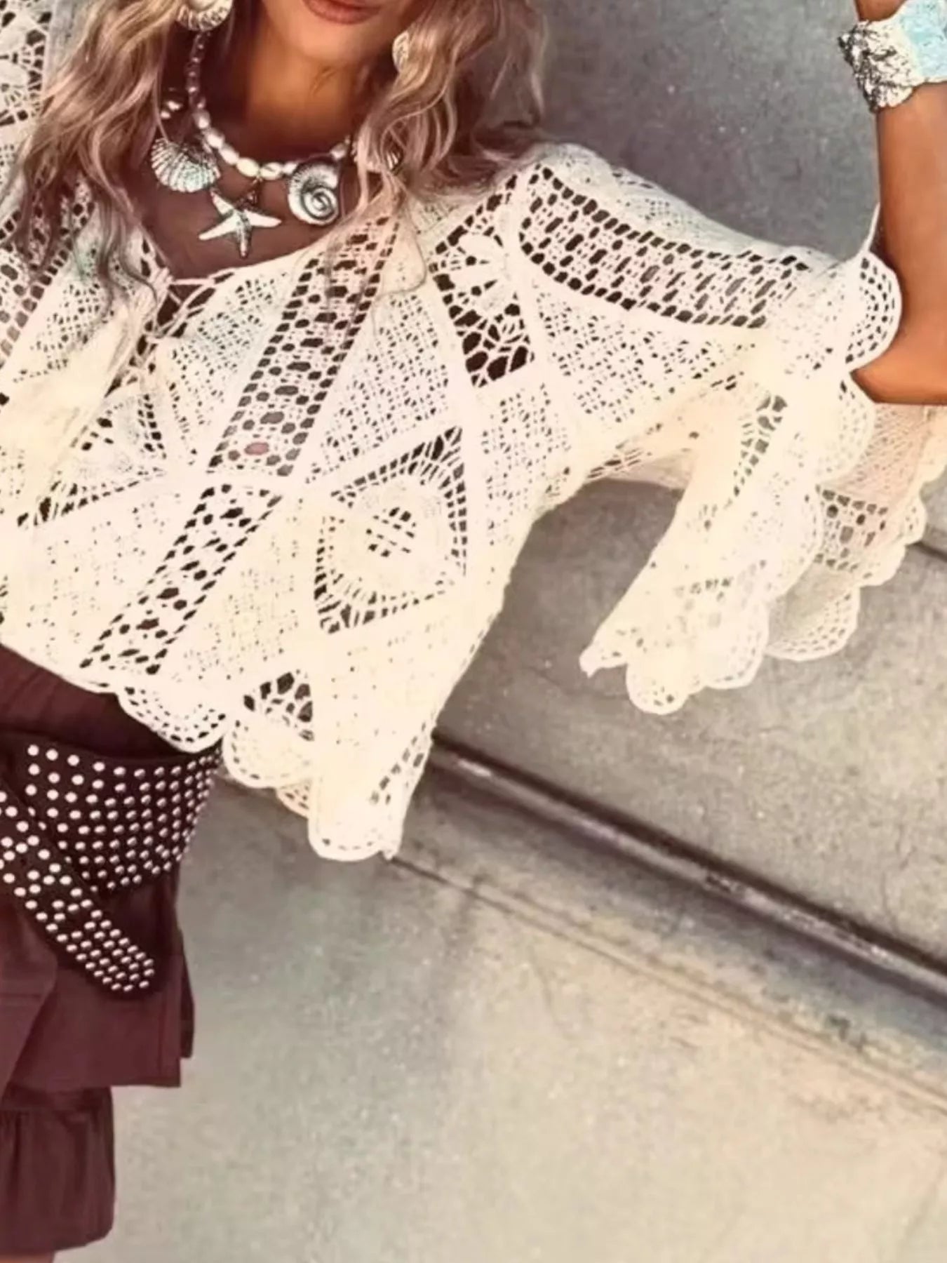 Tassel V-Neck Crochet Knit Top
