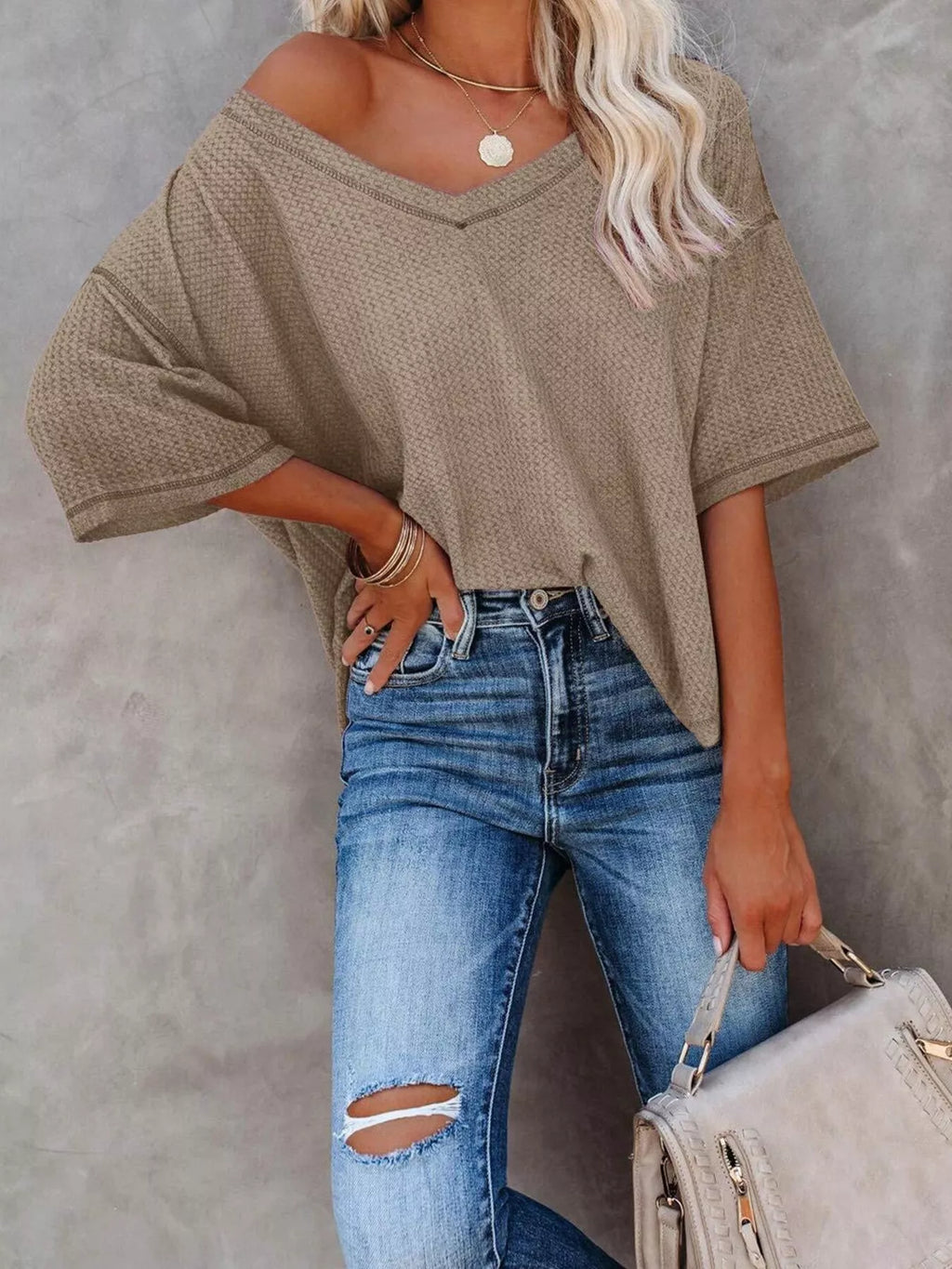 Waffle Knit V-Neck Short Sleeve T-Shirt