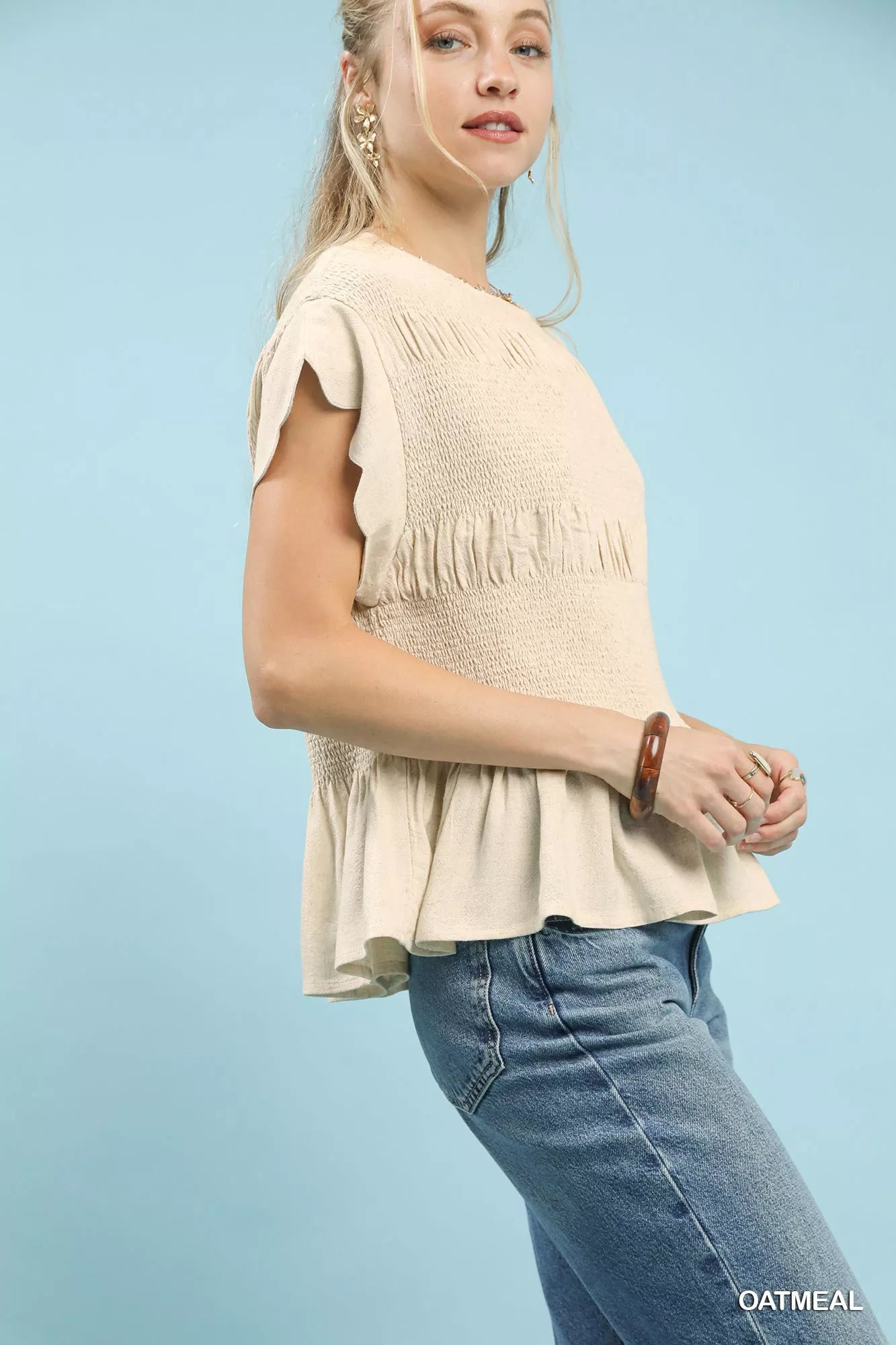 Umgee Linen Blend Smocked Peplum Blouse