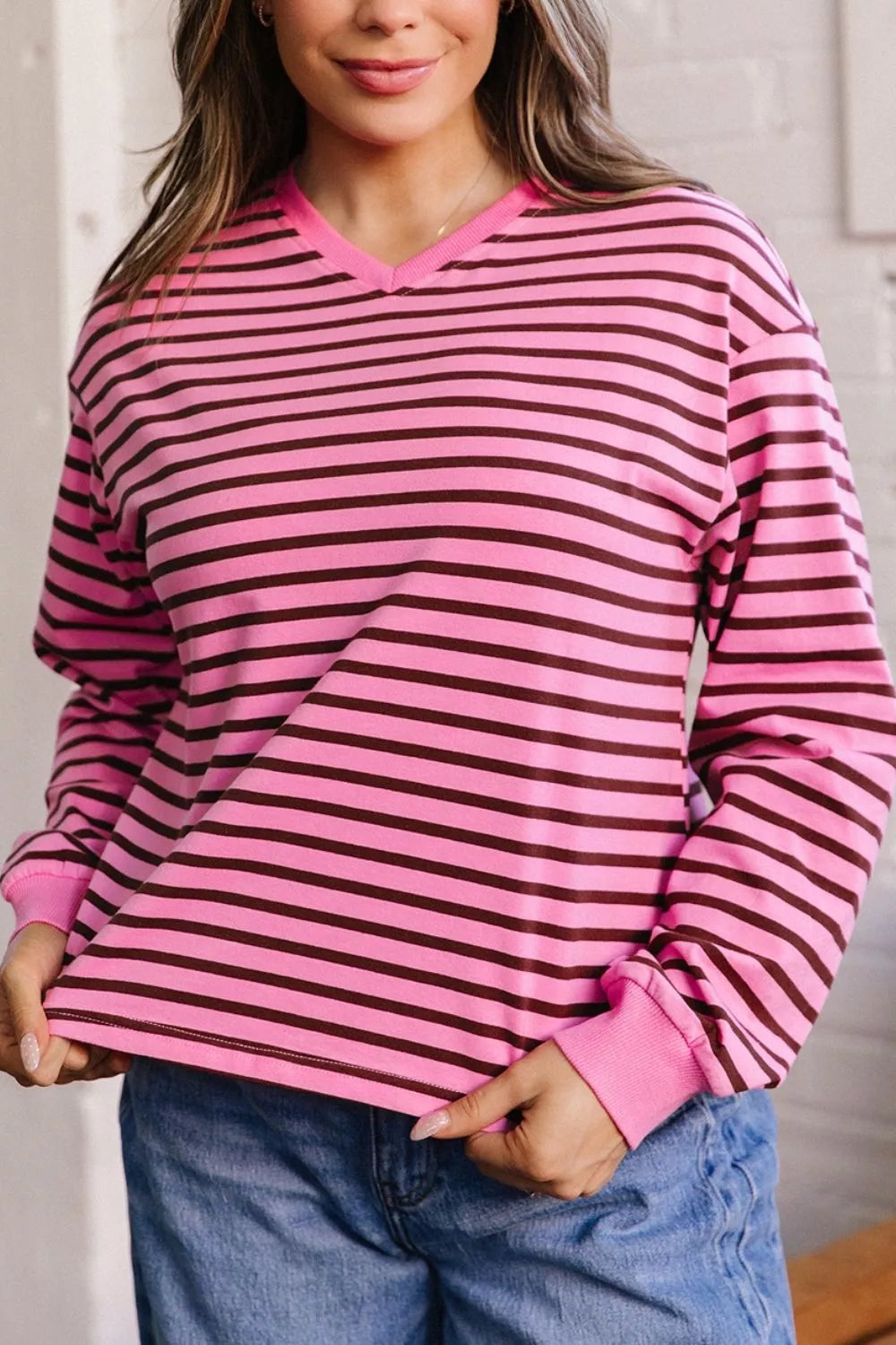 Stripe V Neck Drop Shoulder Long Sleeve Top