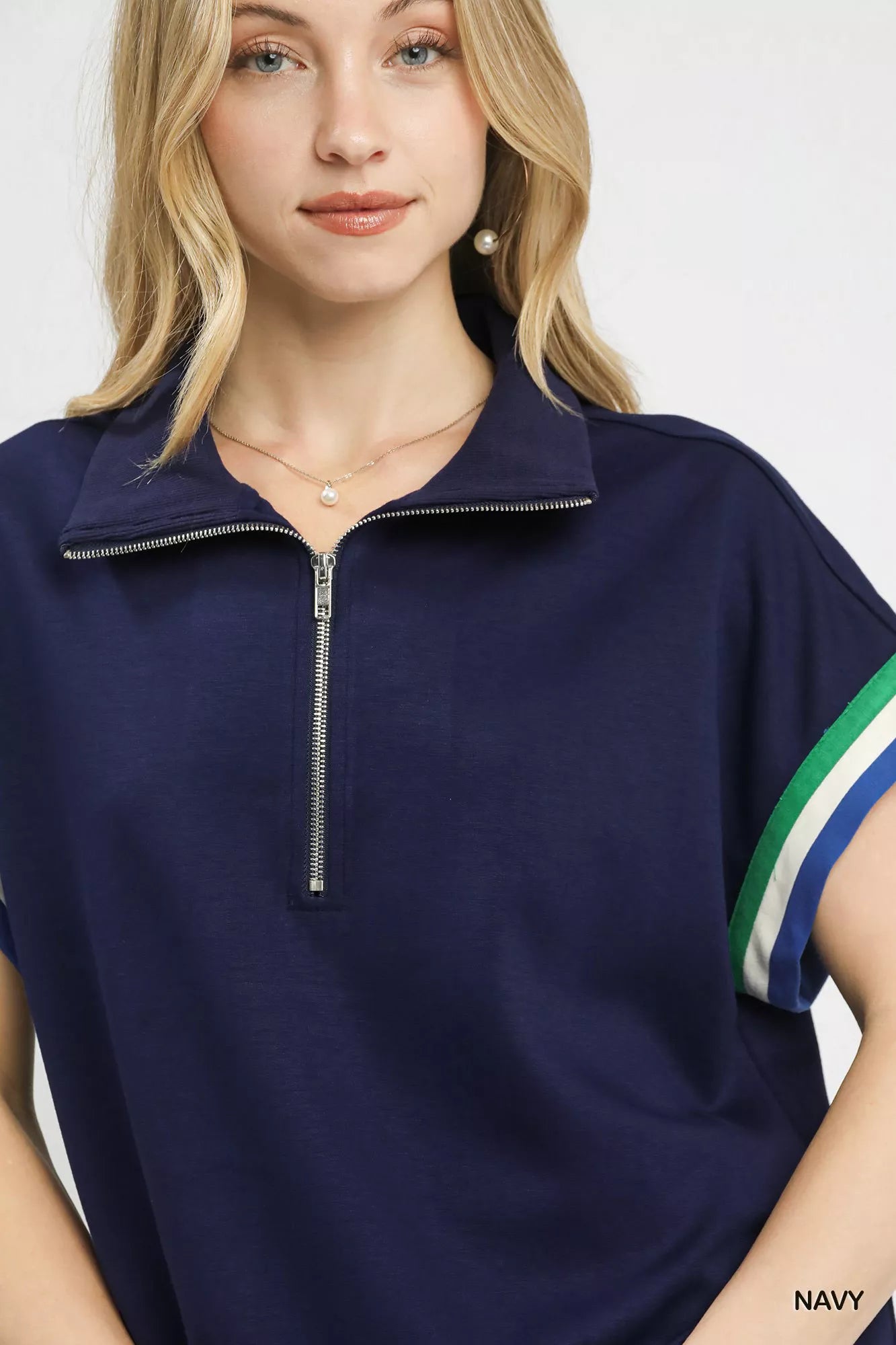 Umgee Zip Front Casual Top with Contrast Stripe Trim