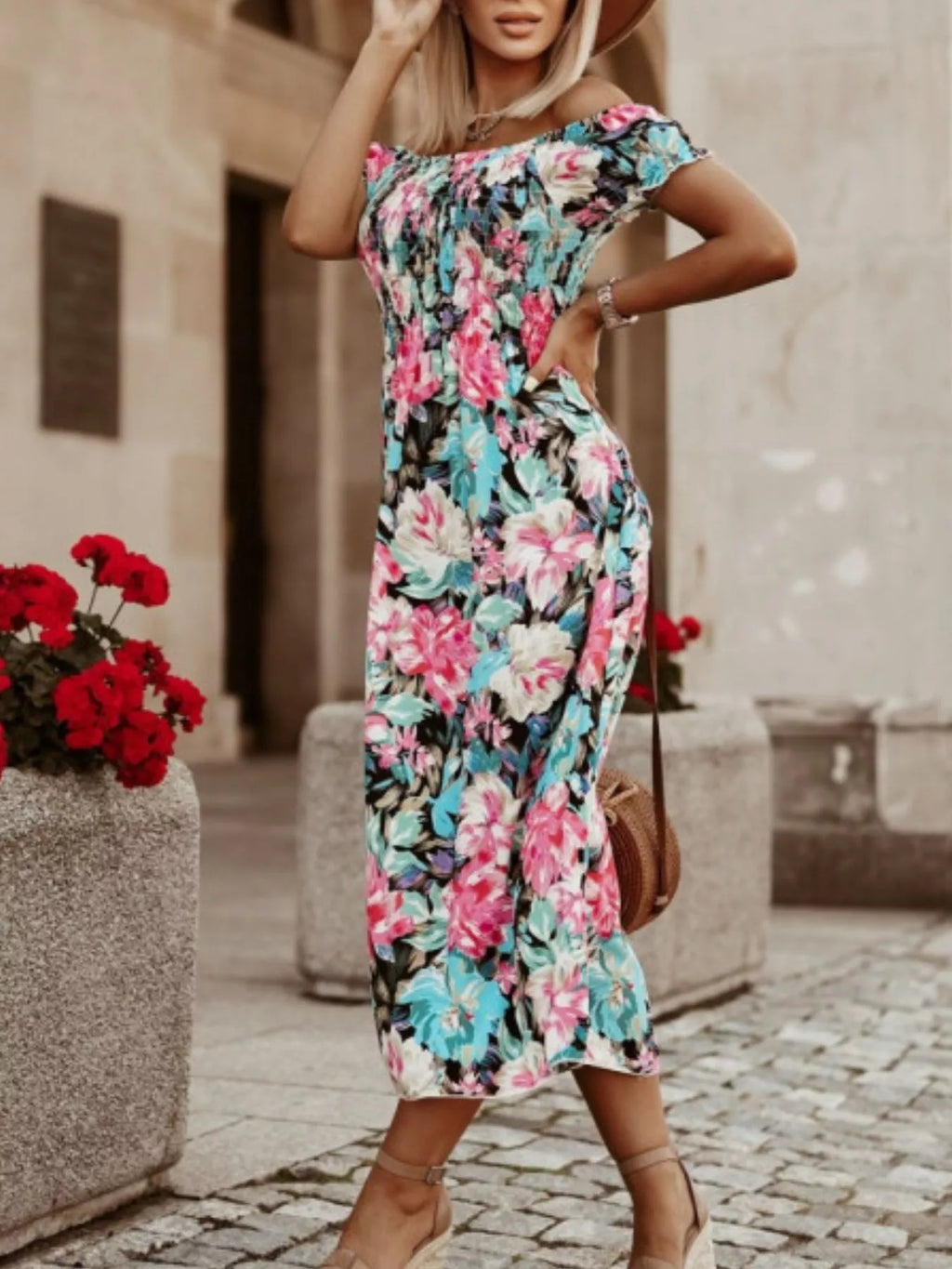 Floral Off Shoulder Midi Dress