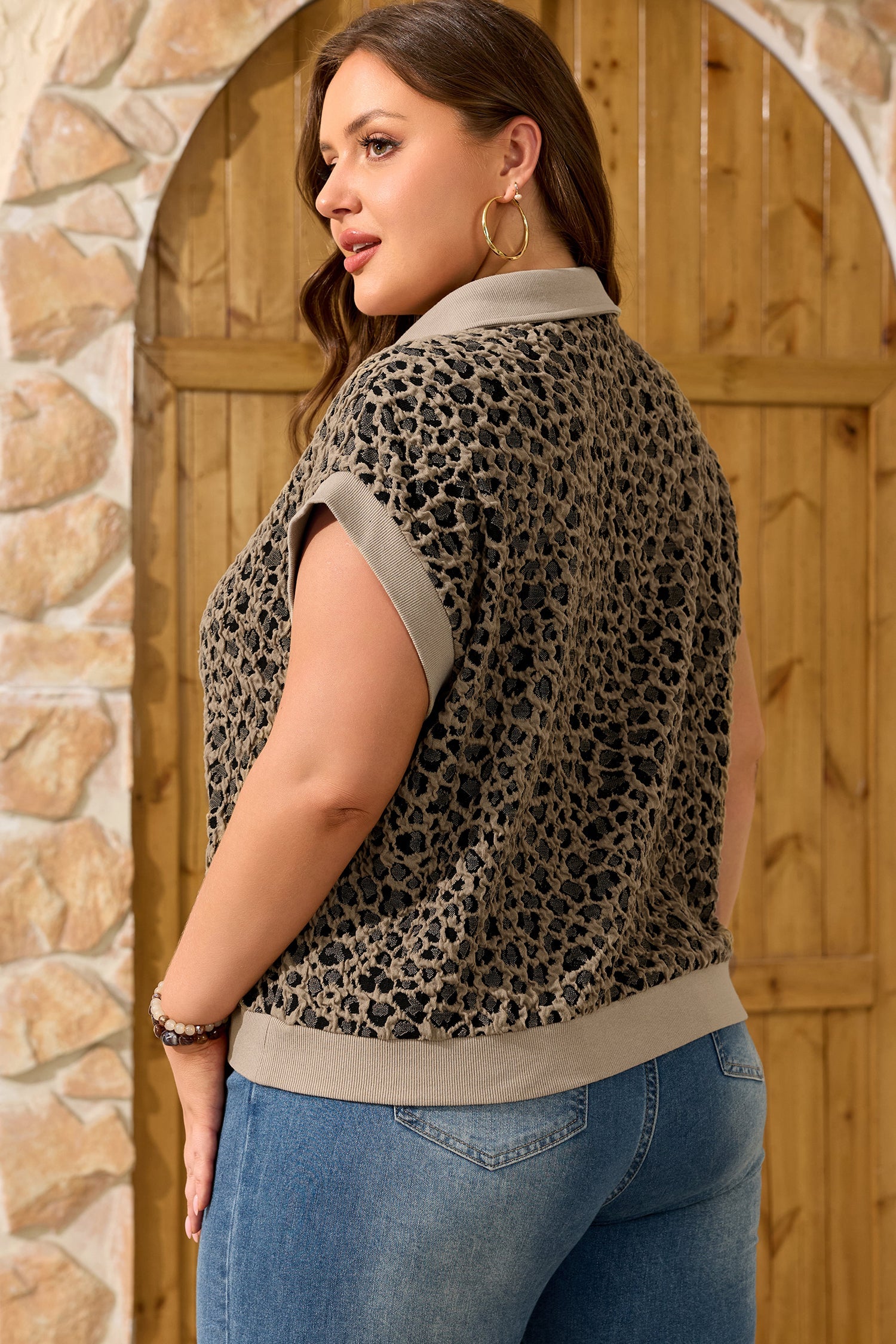 Plus Size Leopard Patchwork Ribbed Zip Up Collar Top