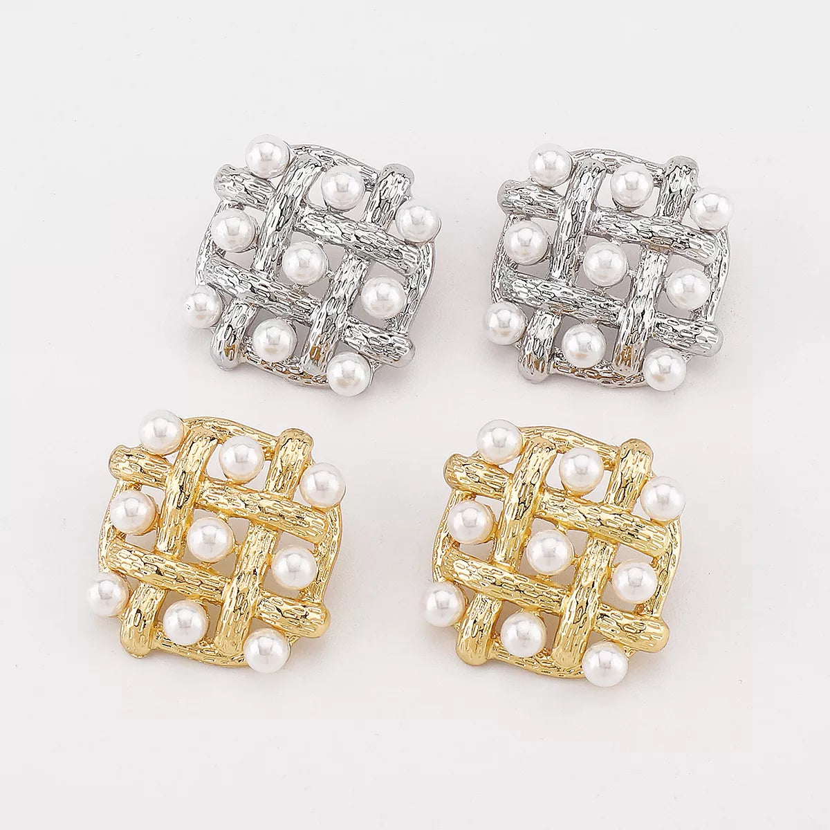 Pearl Grid Square Stud Earrings