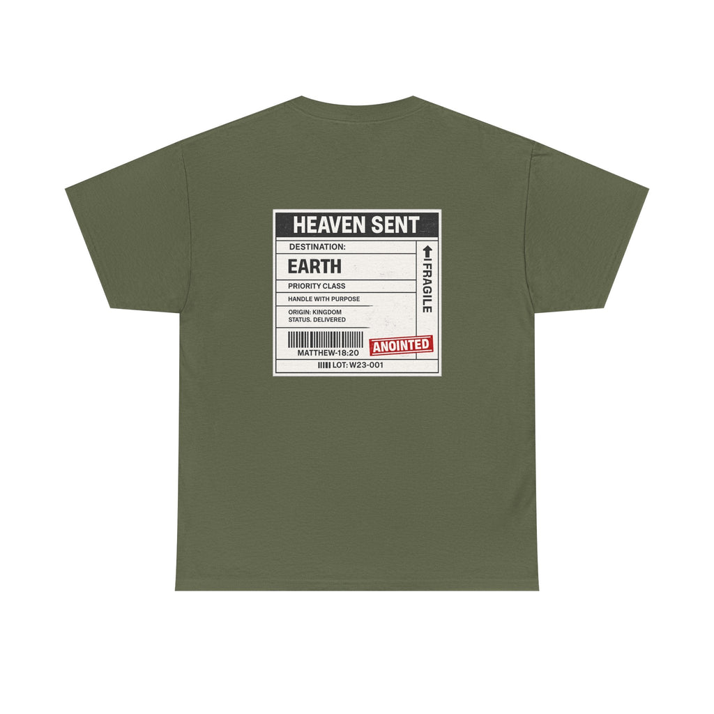 Delivered. Heaven Sent Christian T-Shirt — Faith-Based Graphic Tee with Back Label Design