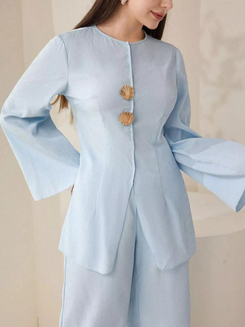 Shell Button Long Sleeve Shirt and Pants Set