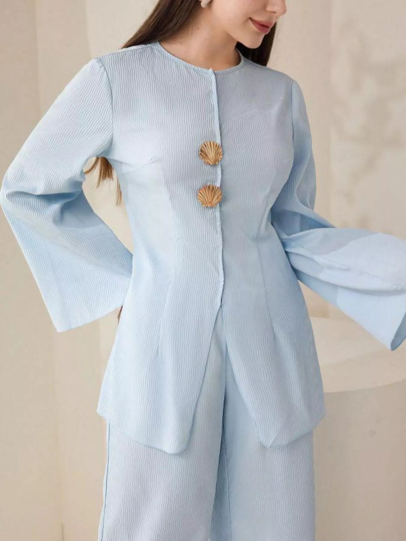 Shell Button Long Sleeve Shirt and Pants Set