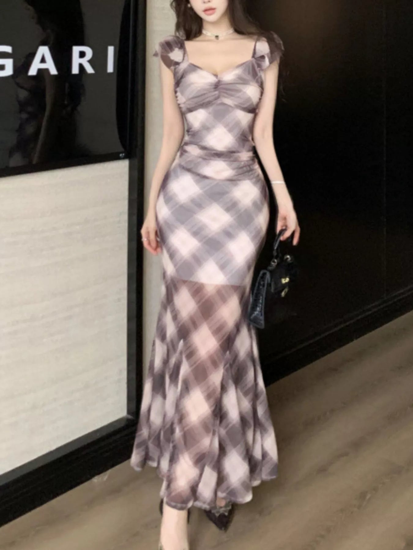 Plaid Ruffle Cap Sleeve Bodycon Maxi Dress