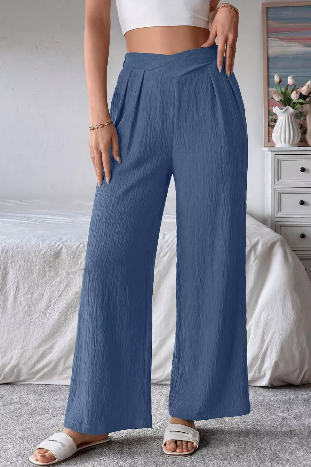 Solid Color Textured Crossed Waist Loose Pants