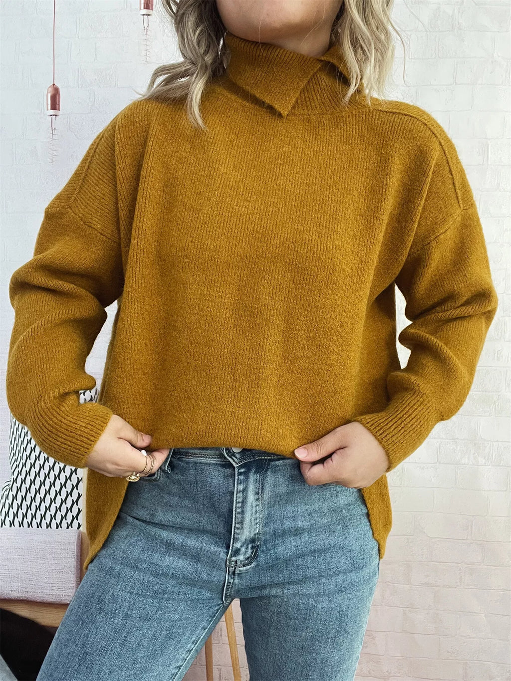Slit Turtleneck Long Sleeve Sweater