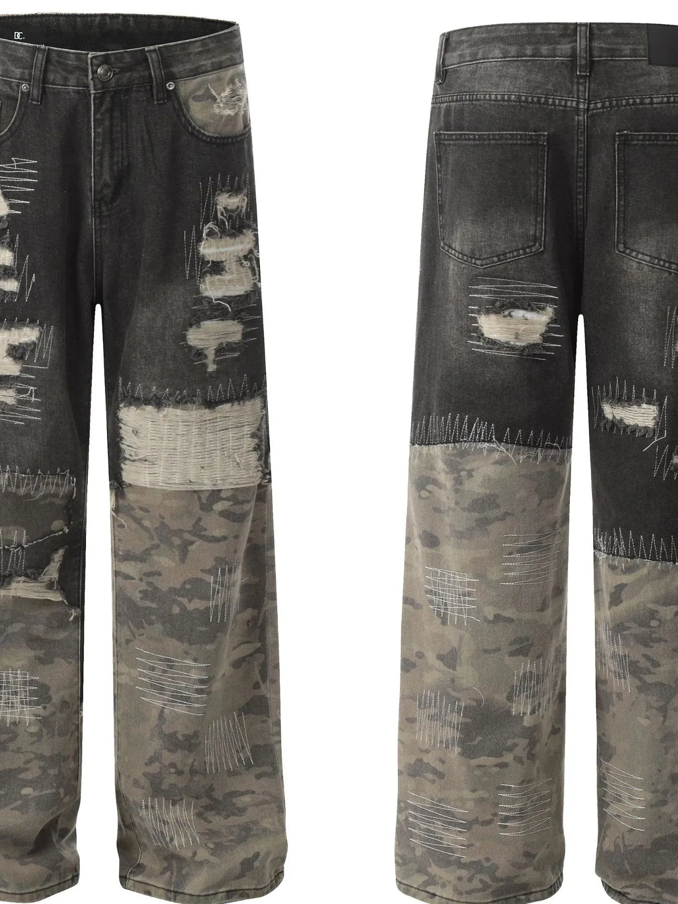 Men's Distressed Camouflage Patchwork Jeans