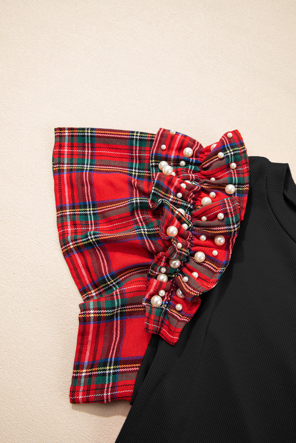 Plaid Patchwork Pearl Ruffle Sleeve T-Shirt