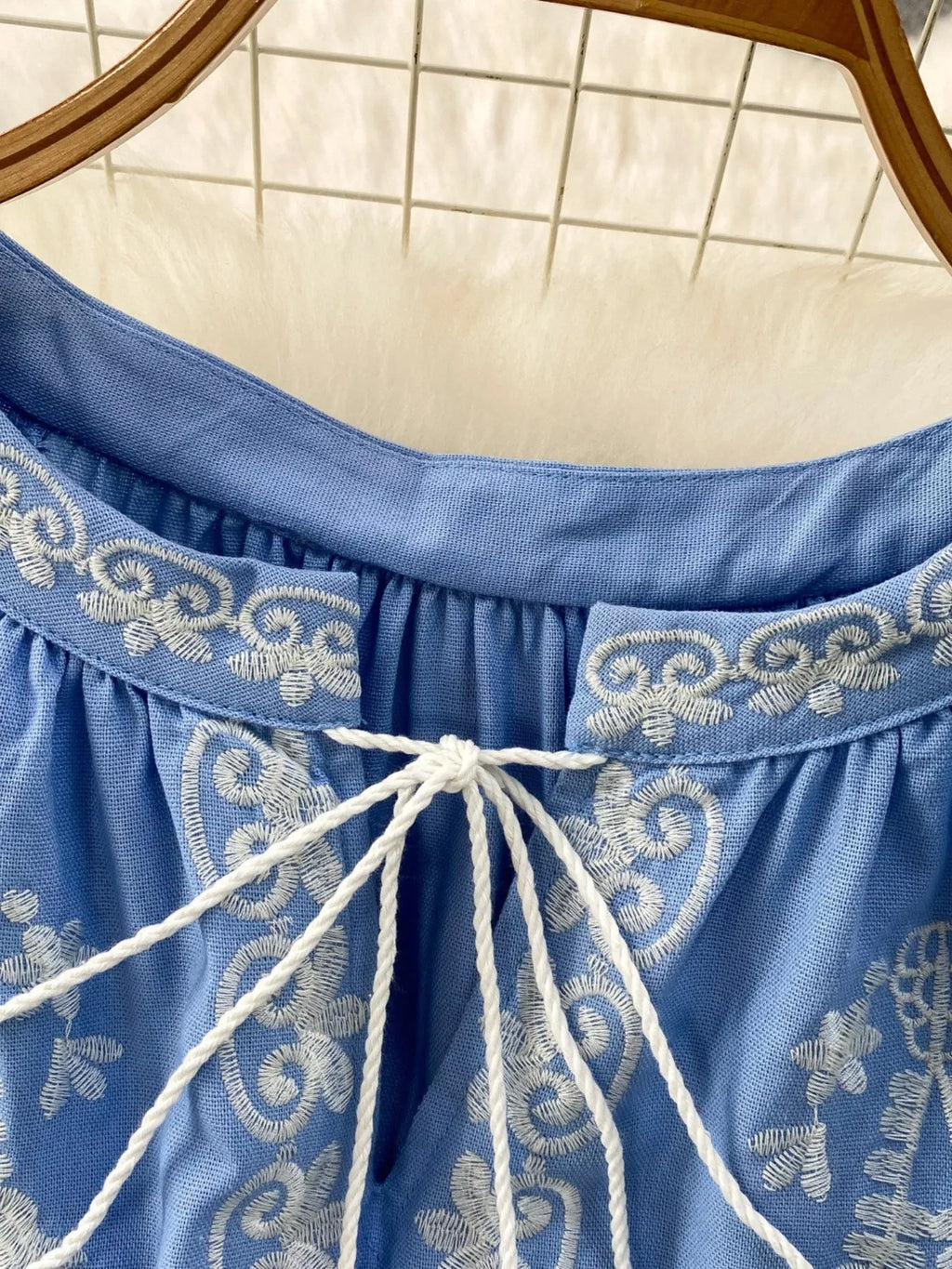 Embroidered Tie Neck Blouse