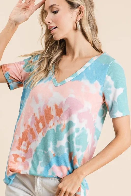 BiBi Circular Tie Dye Print V Neck Top