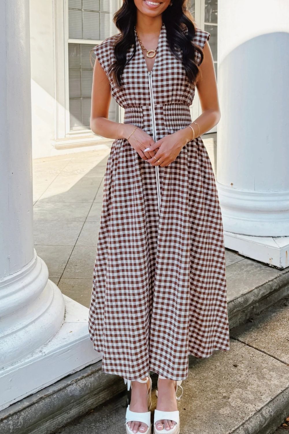 Gingham Zip-Front Midi Dress