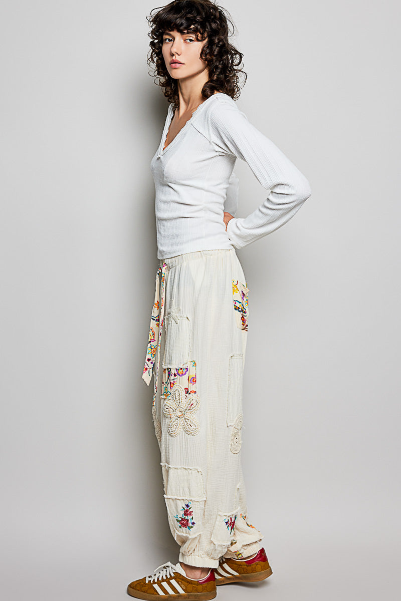 POL V-Neck Long Sleeve Ribbed Top with Lace-Accent Neckband