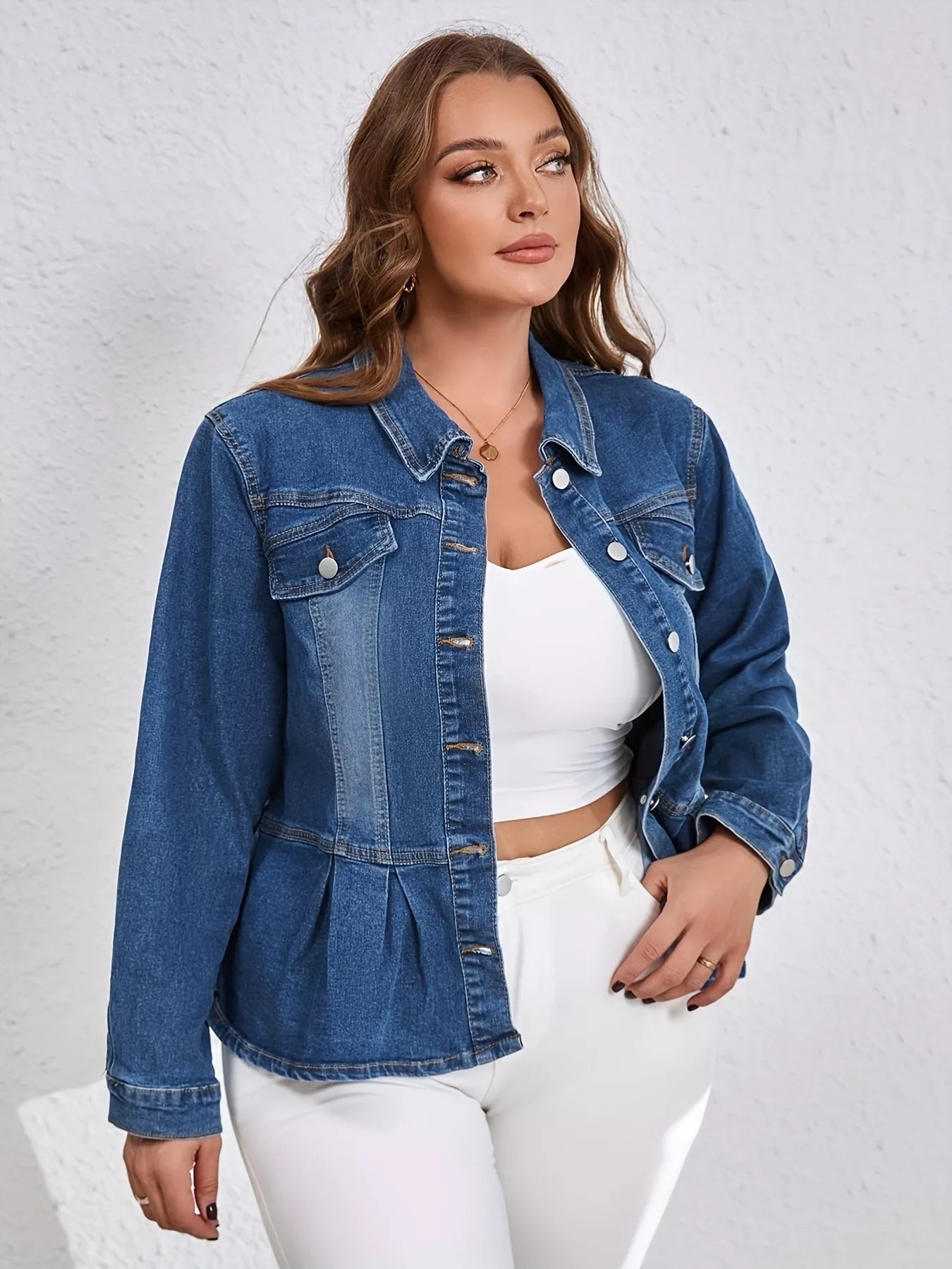 Plus Size Button-Up Peplum Denim Jacket