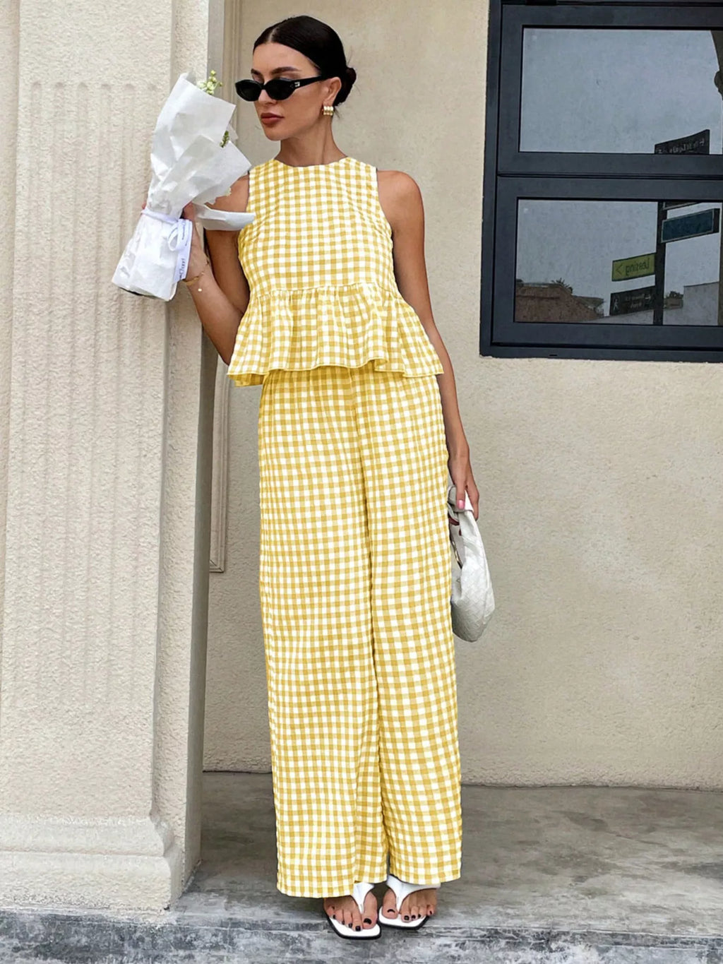 Gingham Sleeveless Top and Wide Leg Pants Set