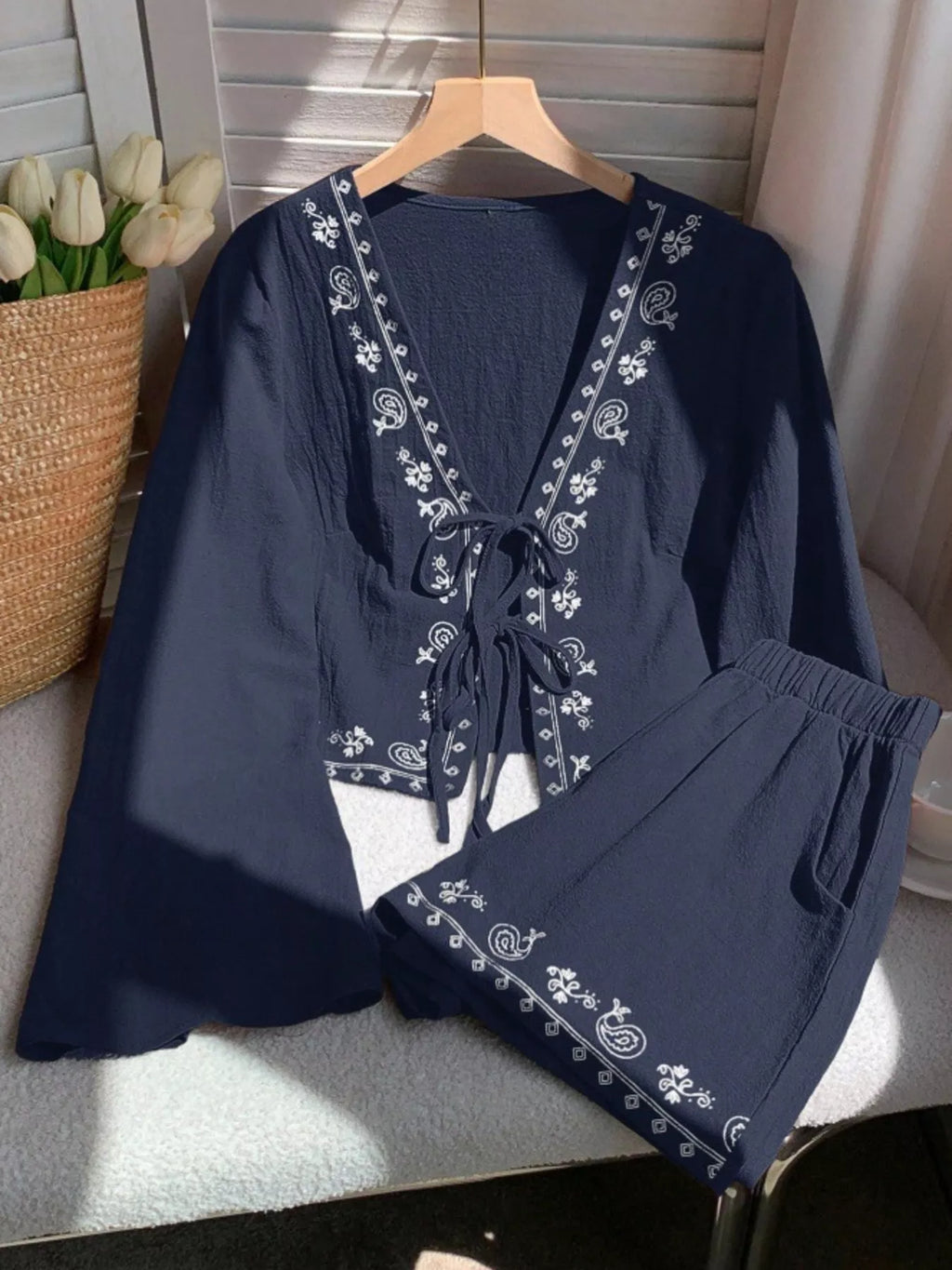 Embroidered Tie-Front Top & Shorts Set