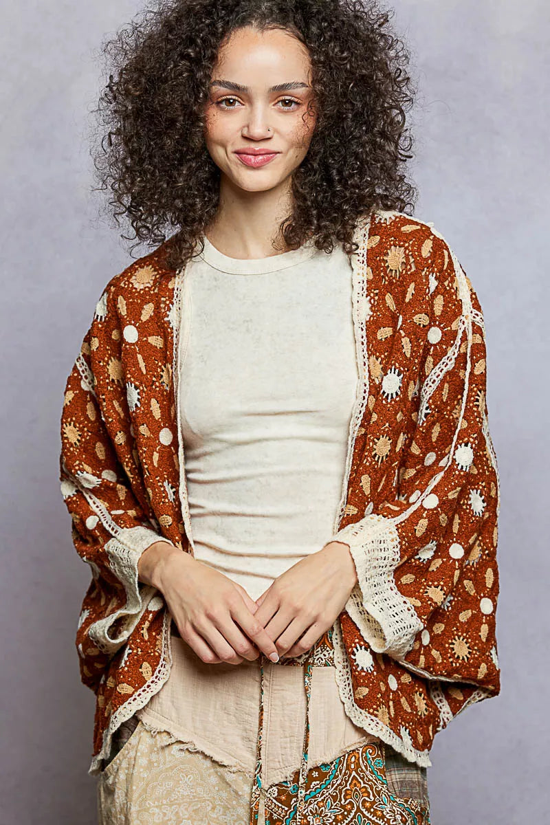 POL Open Front Floral Pattern Crochet Cardigan