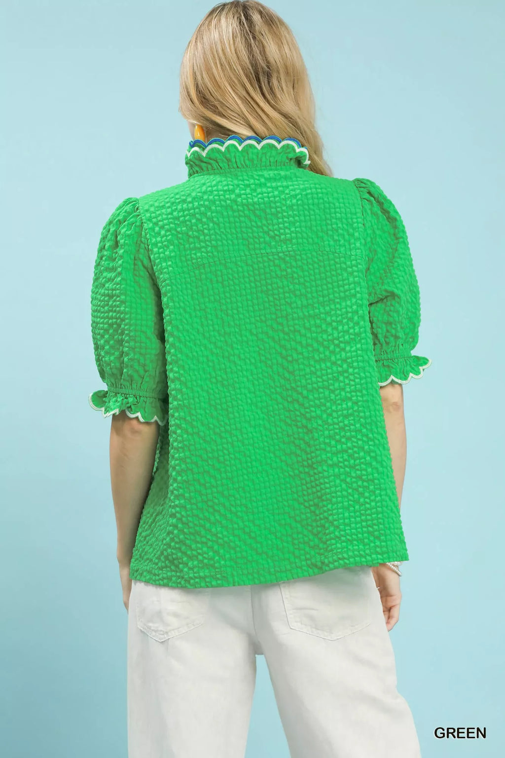 Umgee Textured Puff Sleeve Top with Scalloped Trim