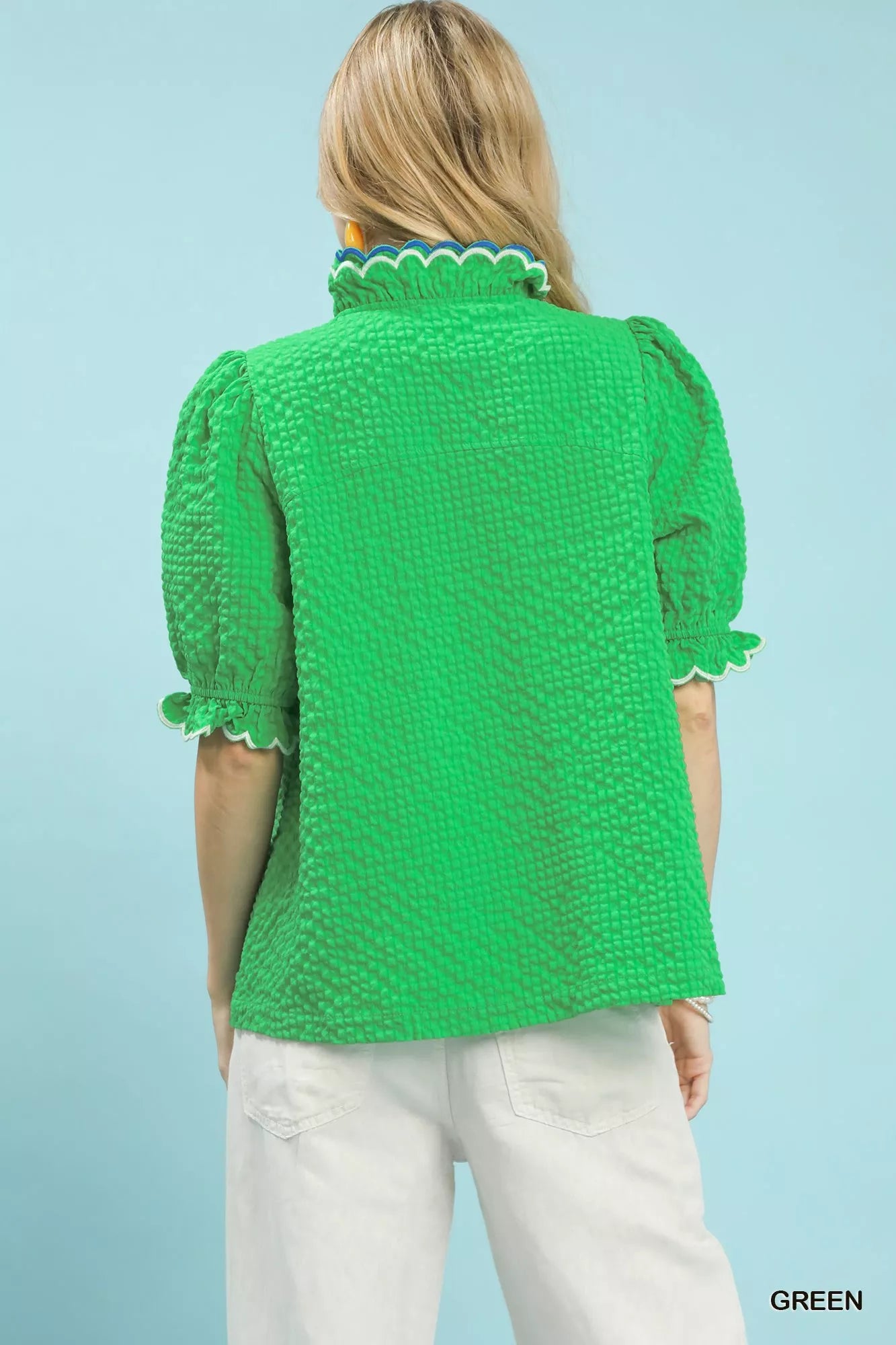 Umgee Textured Puff Sleeve Top with Scalloped Trim