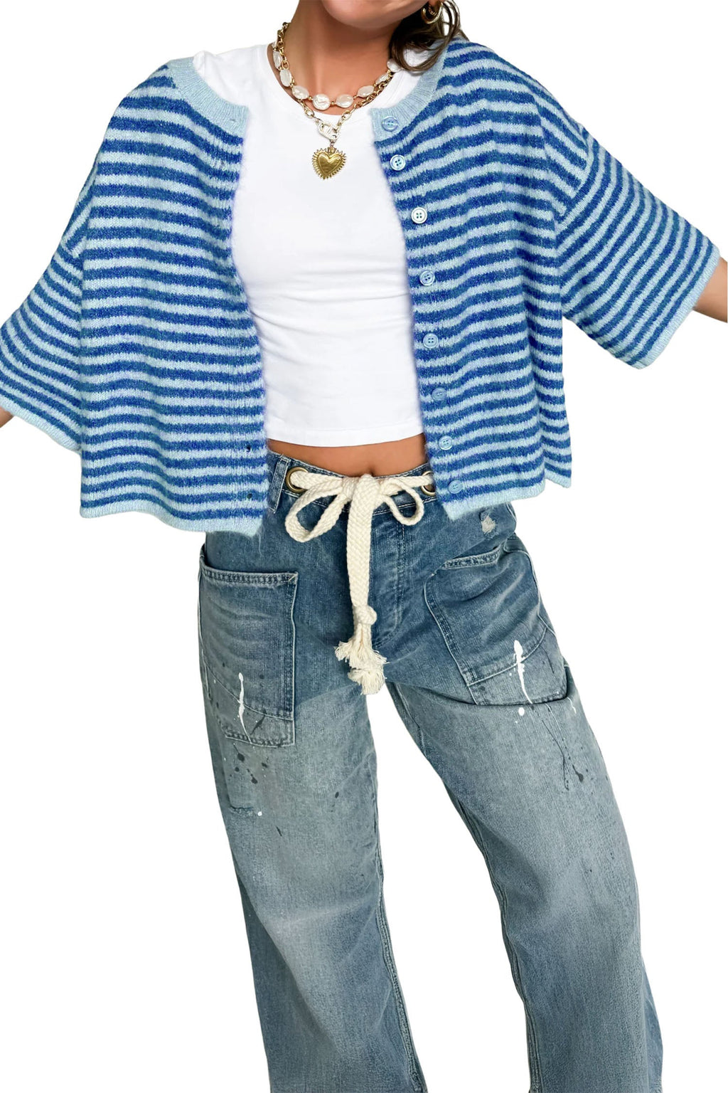 Stripe 3/4 Sleeve Button Down Knit Cardigan