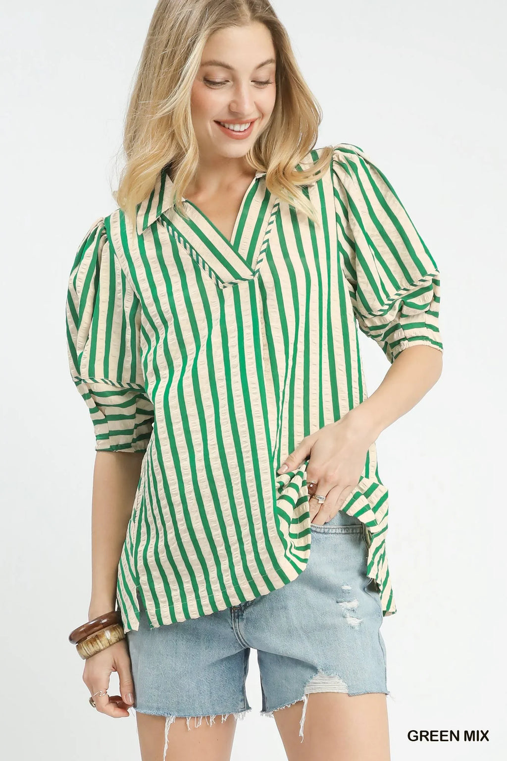 Umgee Striped Puff Sleeve Blouse