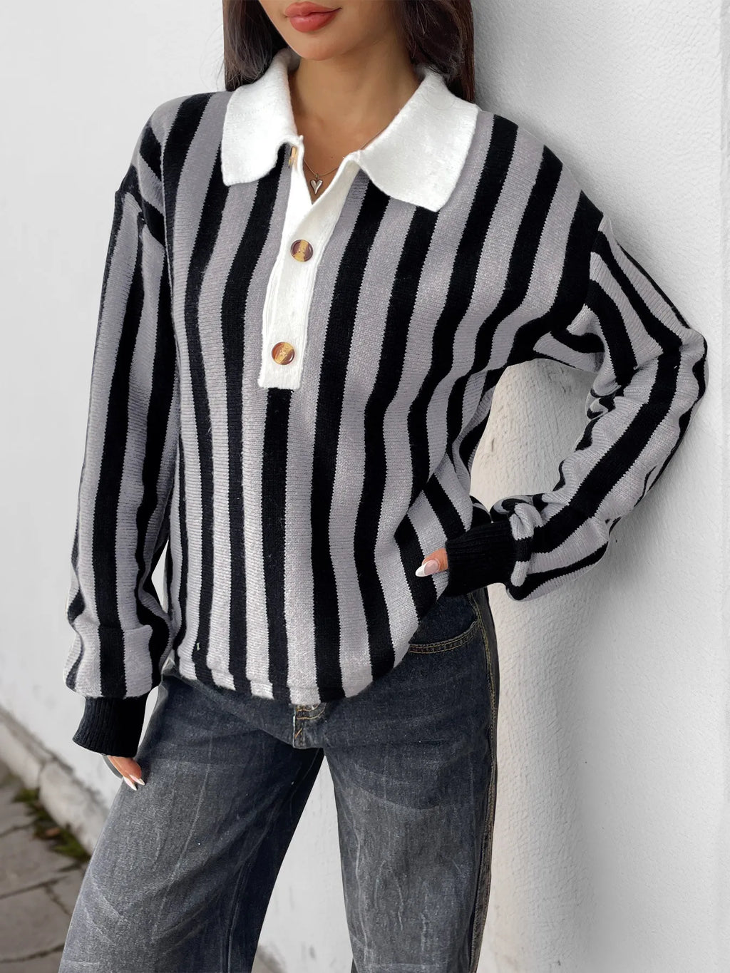 Striped Button Front Long Sleeve Sweater