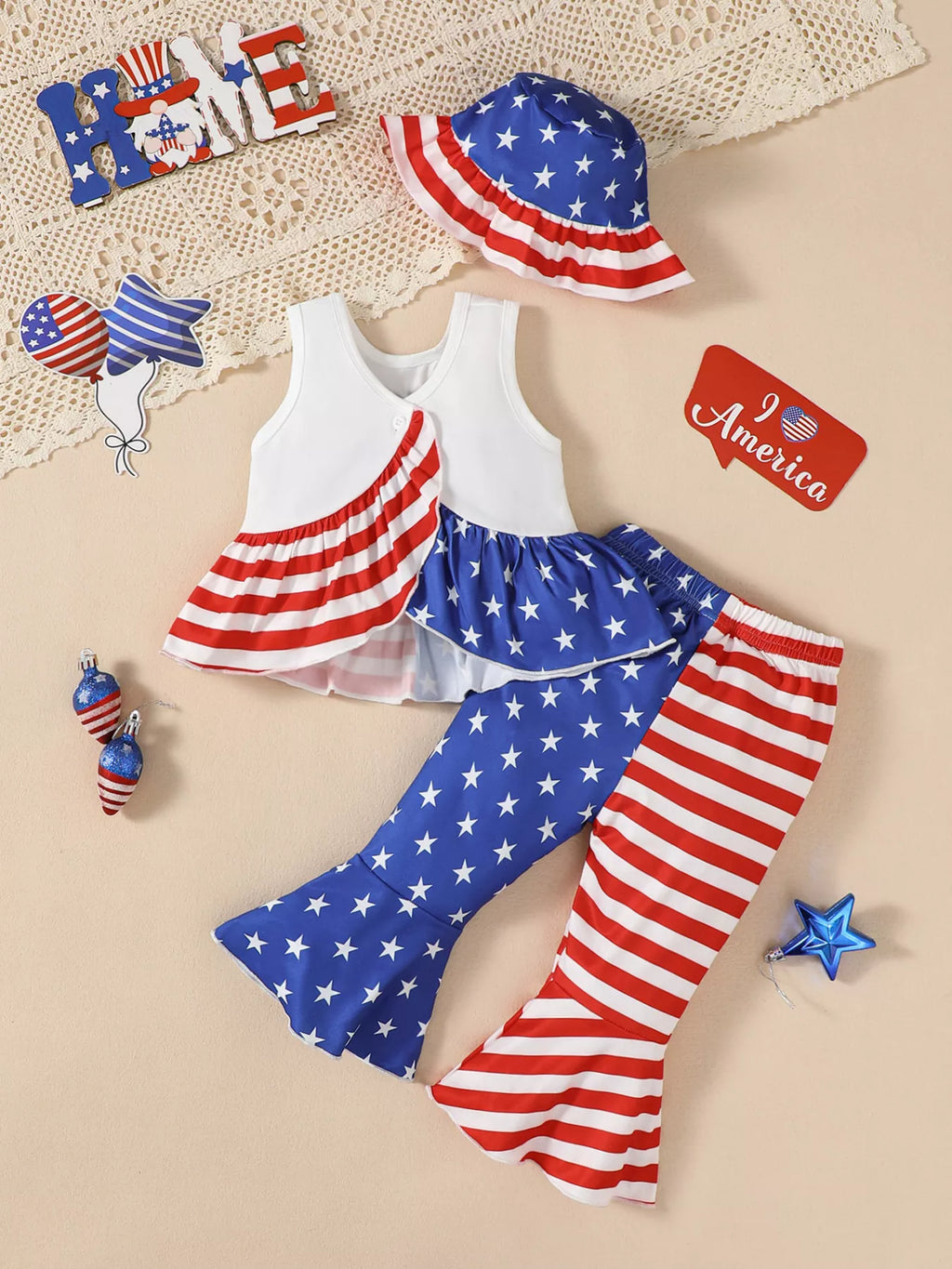 Children's Patriotic Tank and Pants Outfit Set with Hat
