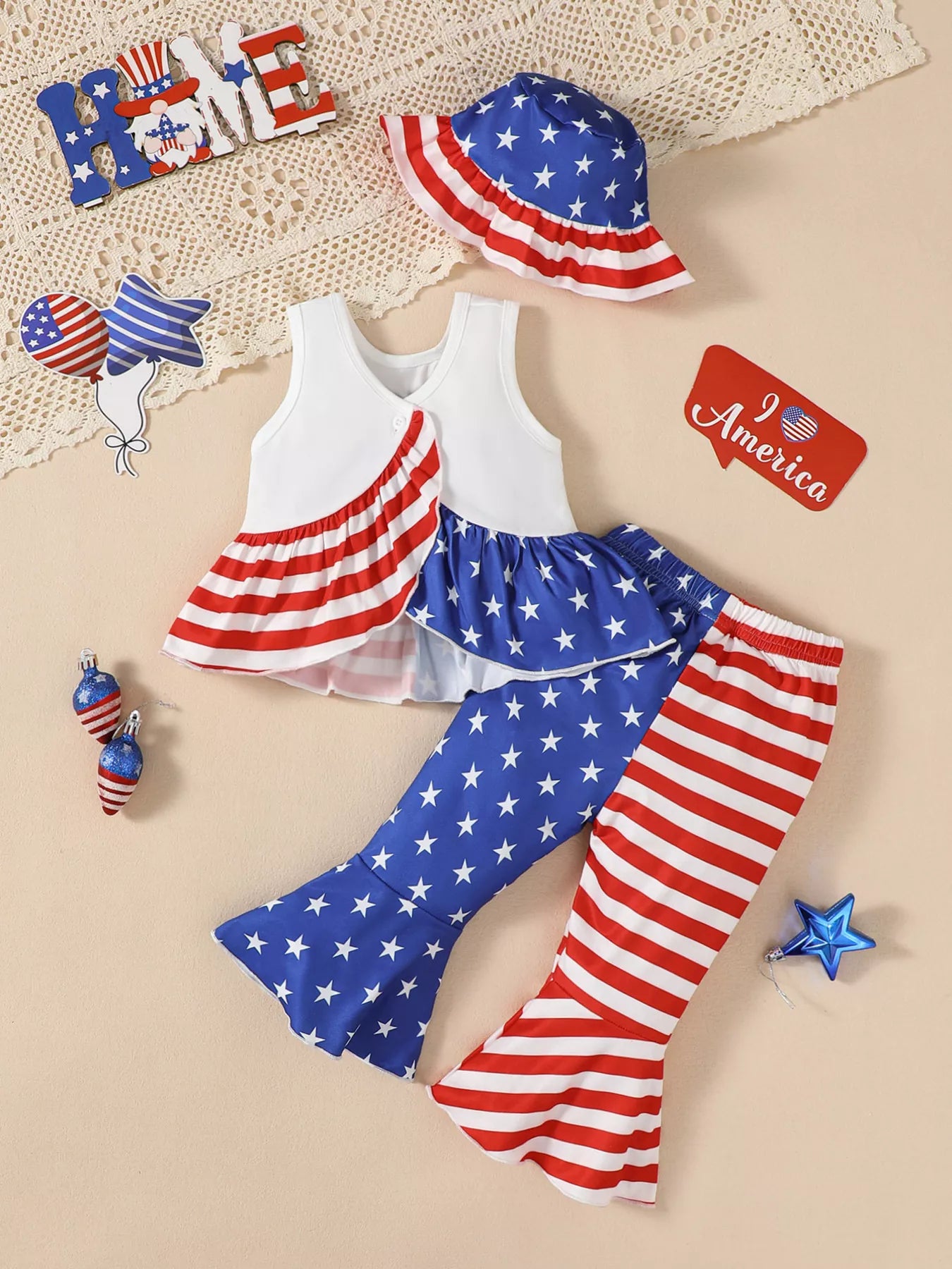 Children's Patriotic Tank and Pants Outfit Set with Hat