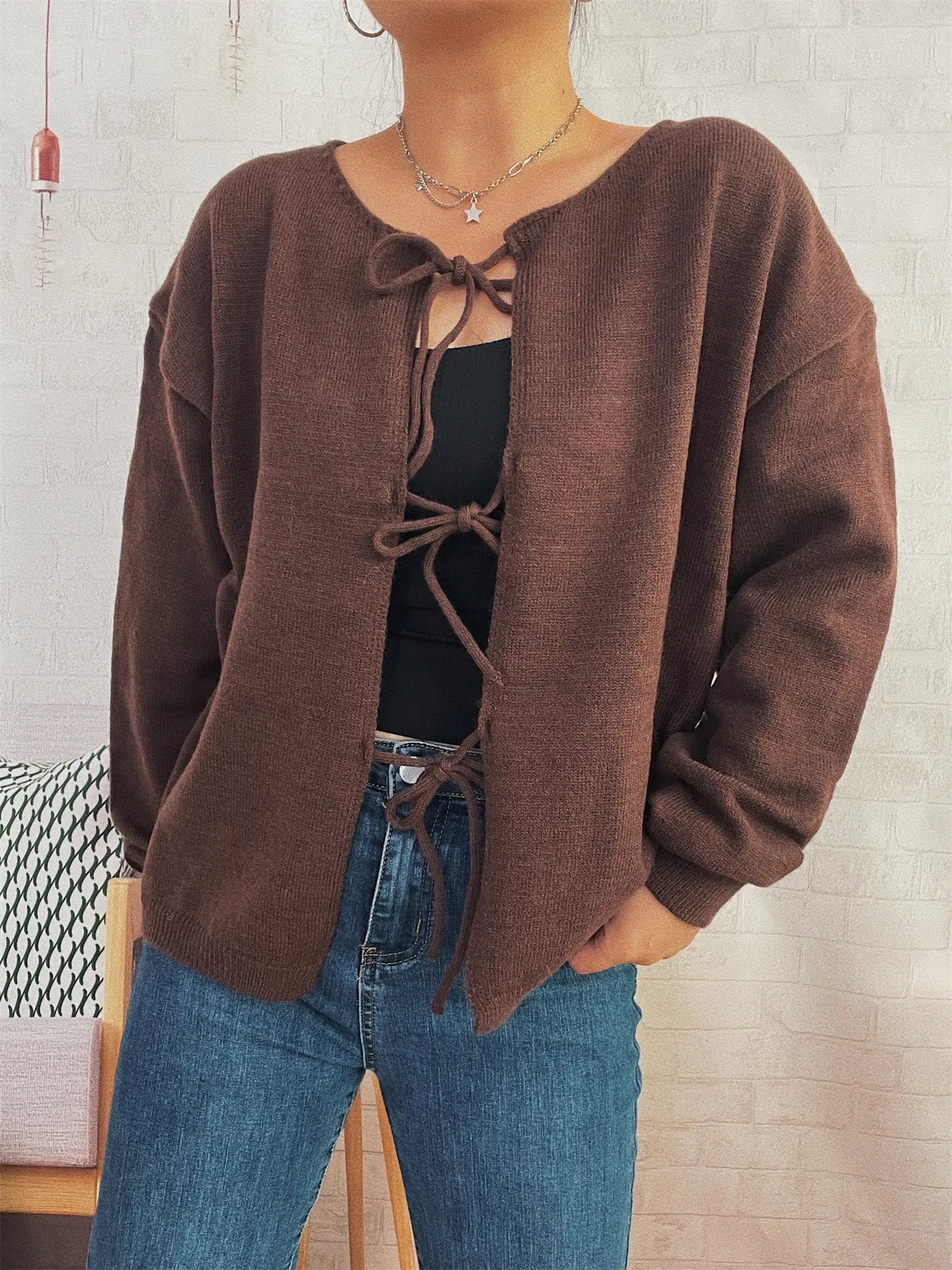 Tie Front Drop Shoulder Cardigan