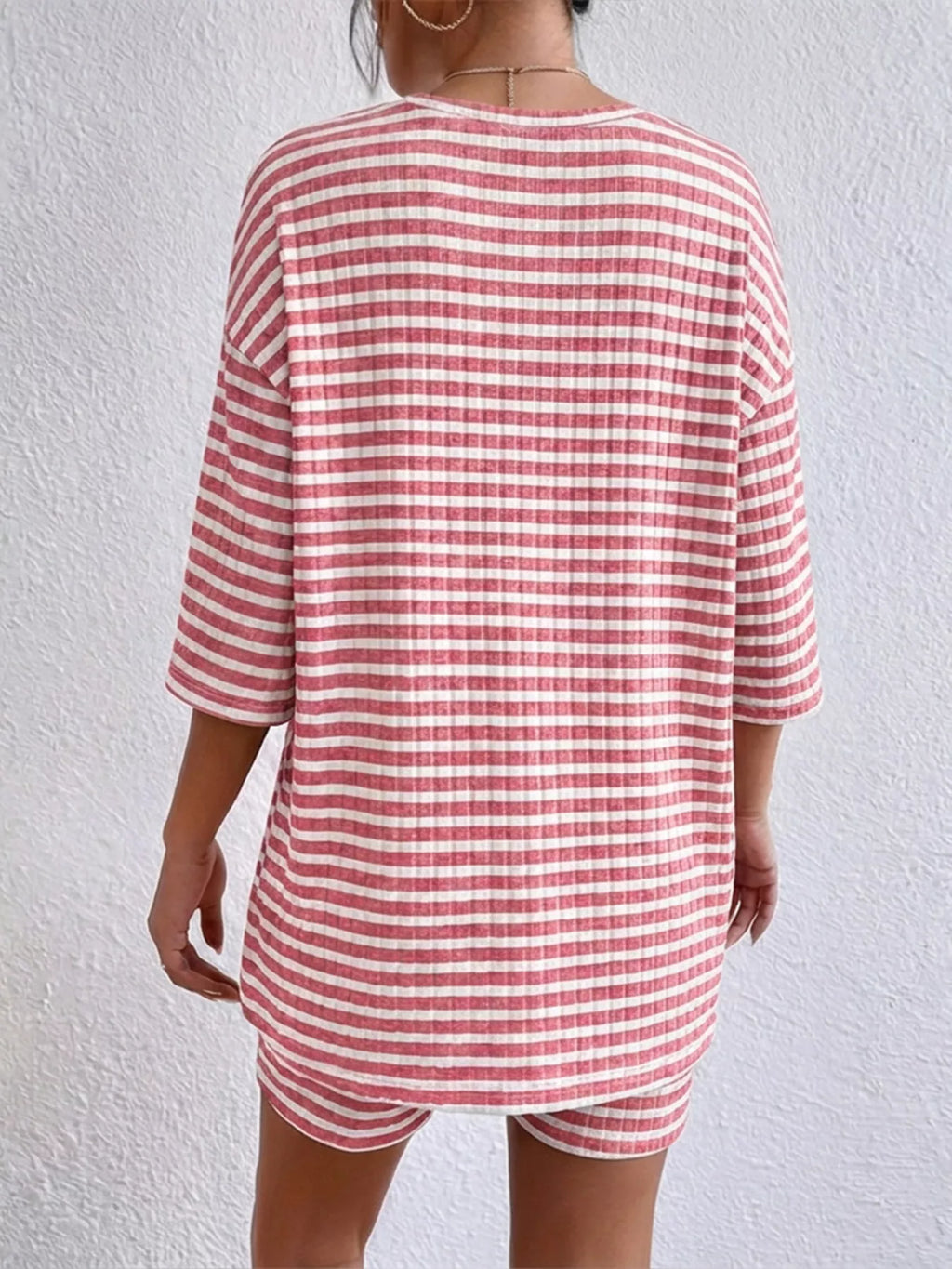 Striped Round Neck Top and Shorts Set