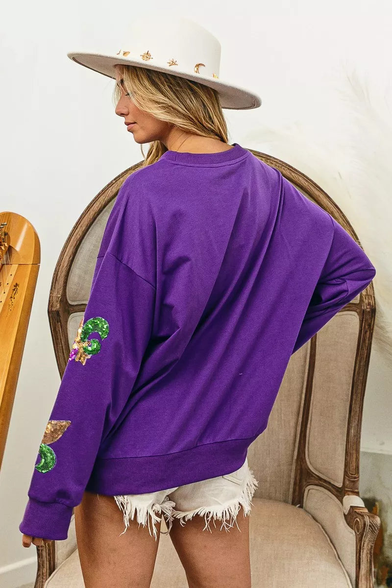 BiBi Fleur De Lis Sequin Patches Mardi Gras Sweatshirt