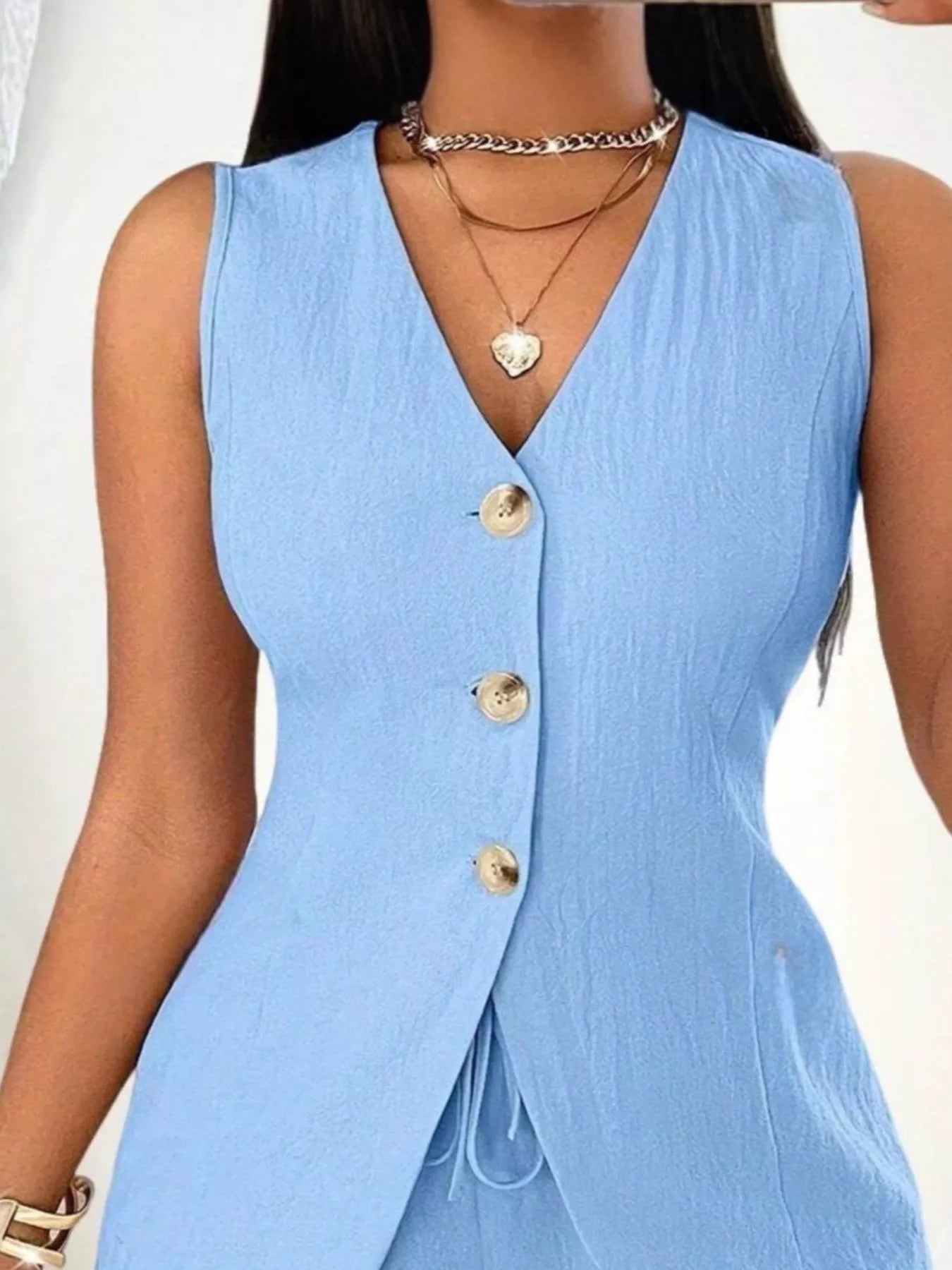 Sleeveless Button-Down Vest & Shorts Set