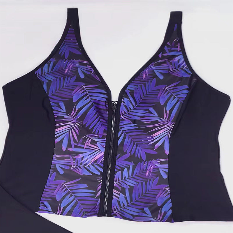 Women's Swimwear  Leaf Print Zipper Plus Size Women's Swimwear
