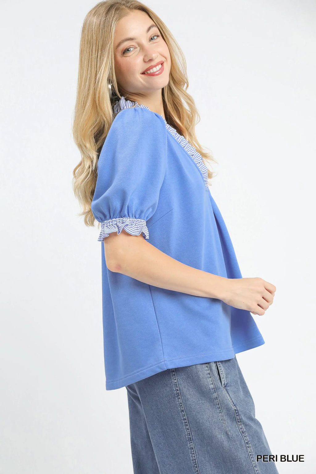Umgee French Terry Ruffle Trim Puff Sleeve Top