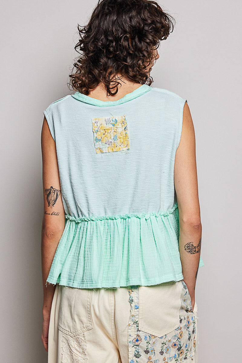 POL Floral Patch Ruffled Sleeveless Top with Raw Edge Detail