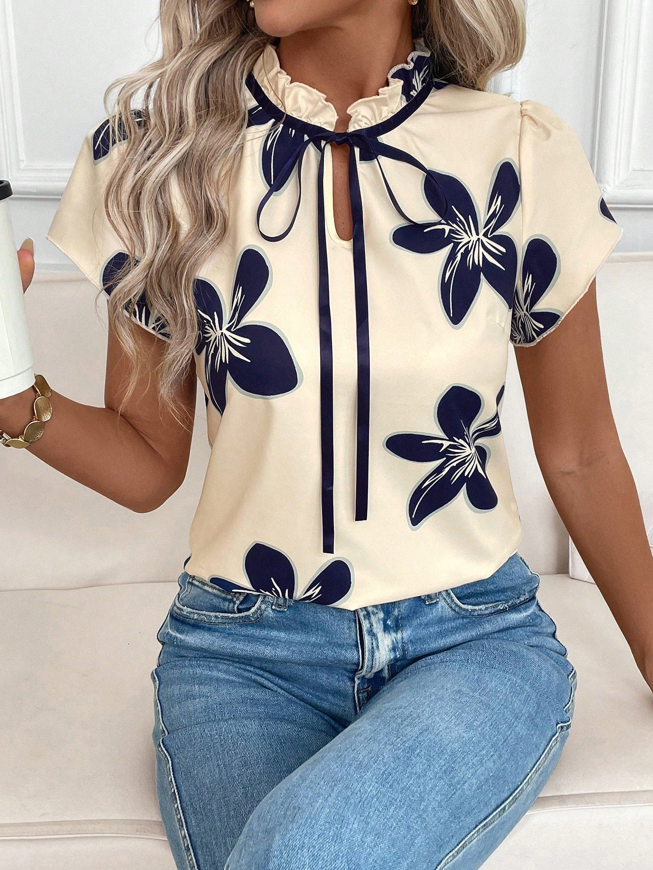 Tie Neck Short Sleeve Blouse