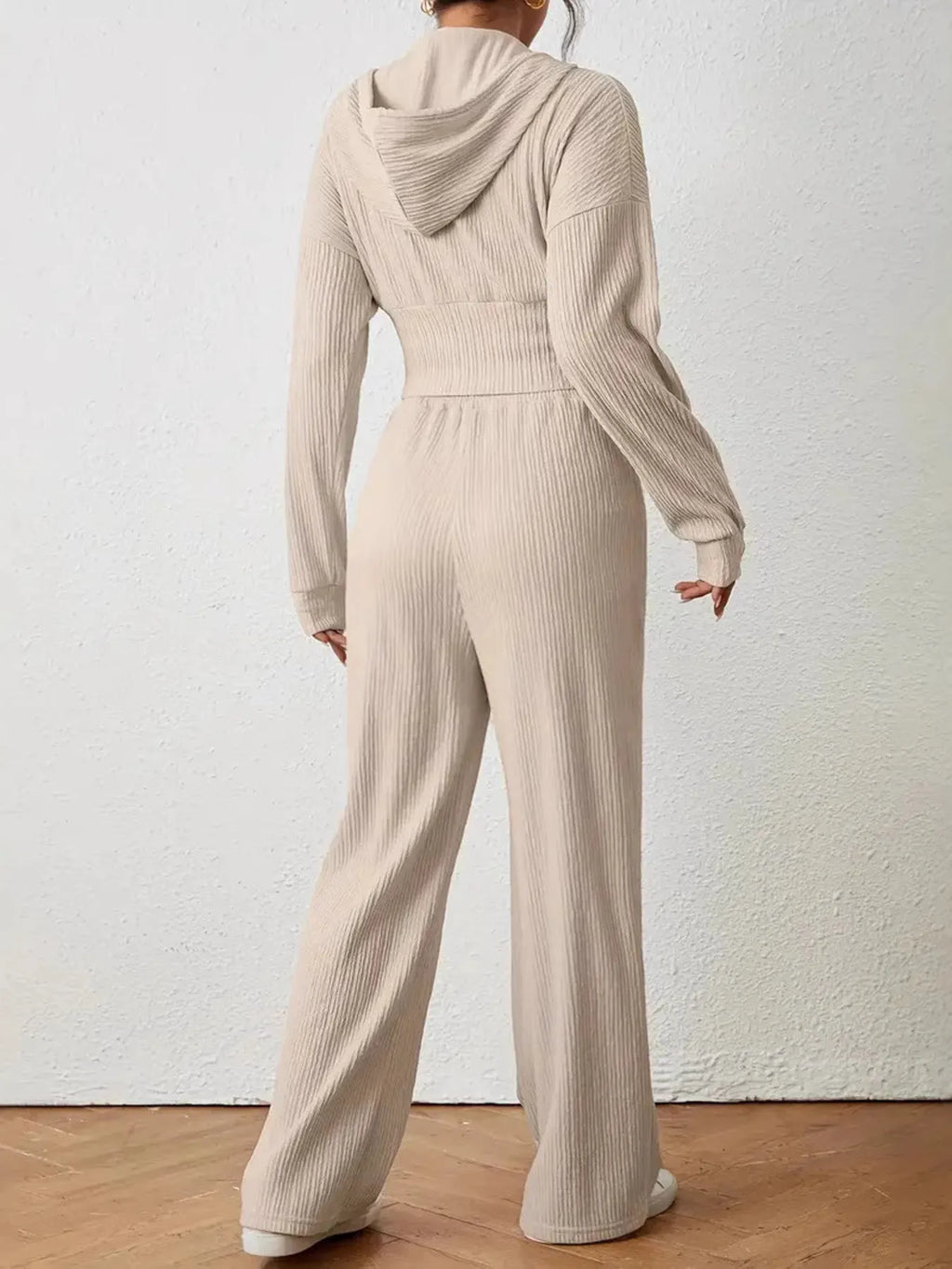 Drawstring Zip Up Hooded Top and Pants Set