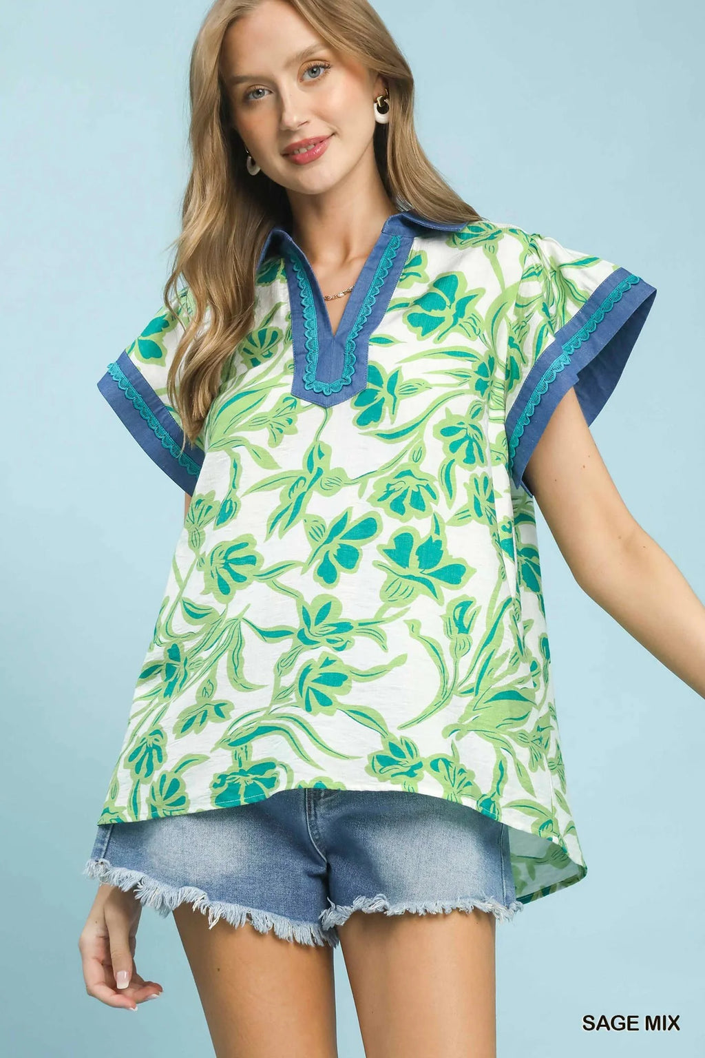 Umgee Floral Split Neck Top