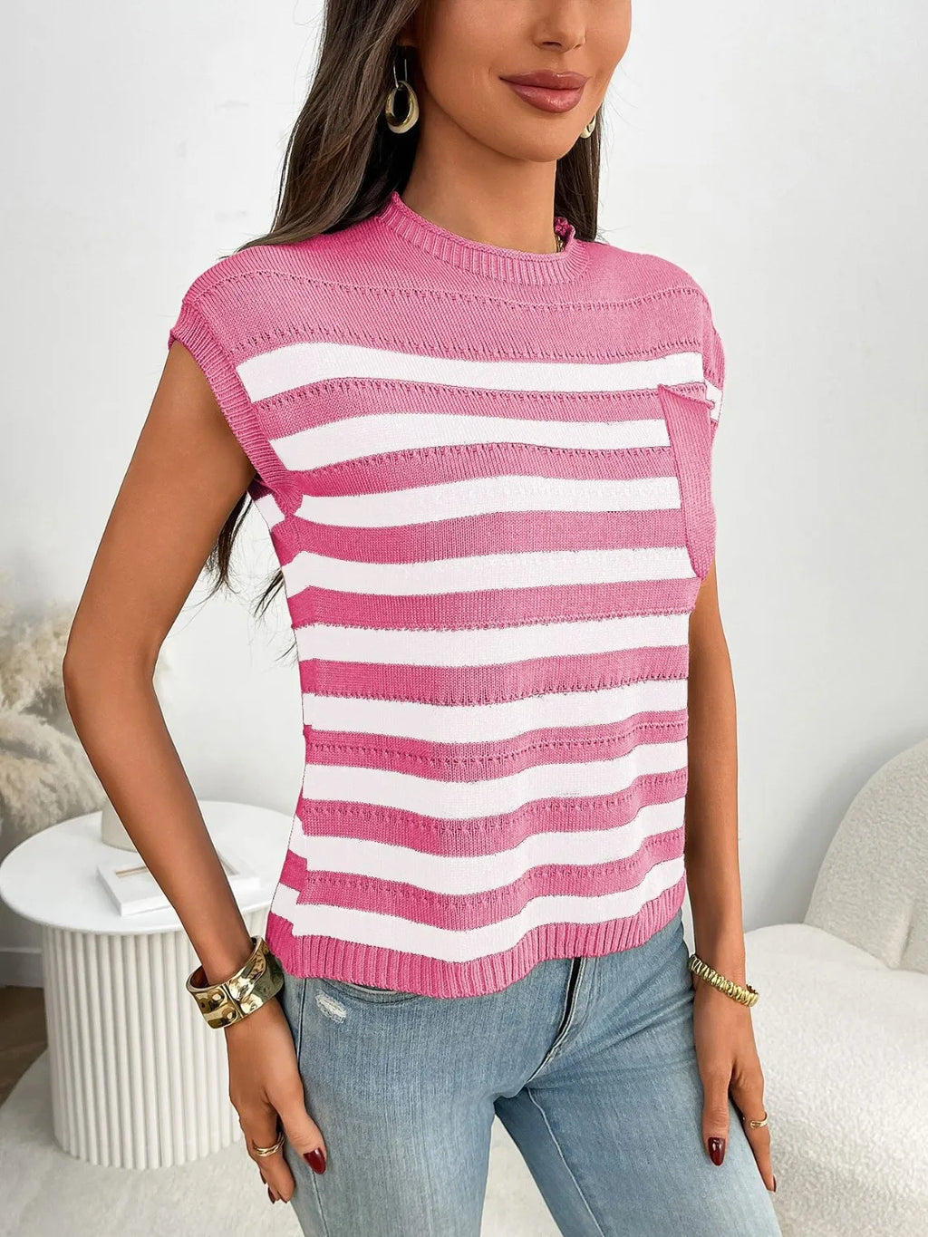 Striped Mock Neck Cap Sleeve Knit Top