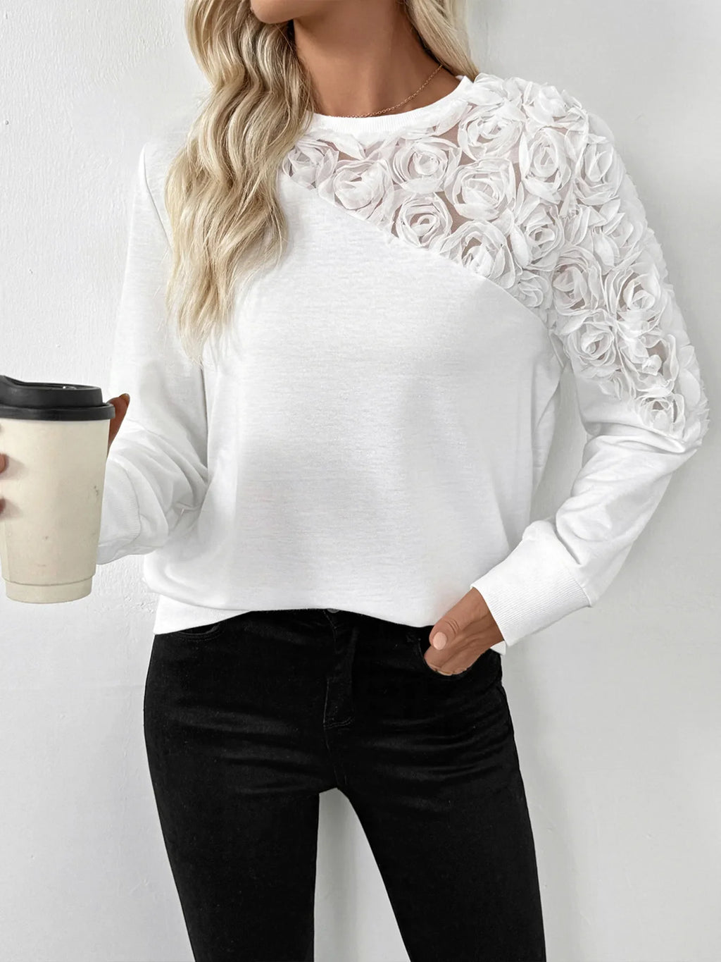 Rose Embroidered Long Sleeve Sweatshirt