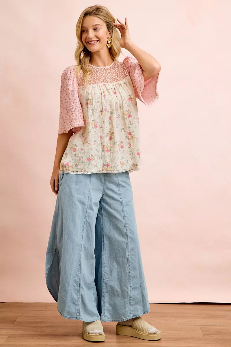 BiBi Crinkle Floral Gauze Mix And Matched Blouse Top