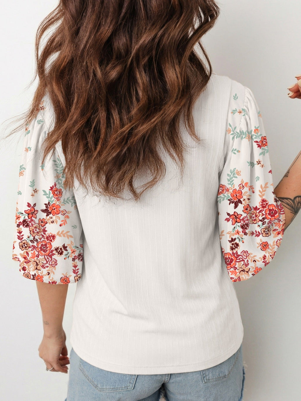 Ribbed Texture Floral Print Half Sleeve Patchwork Top