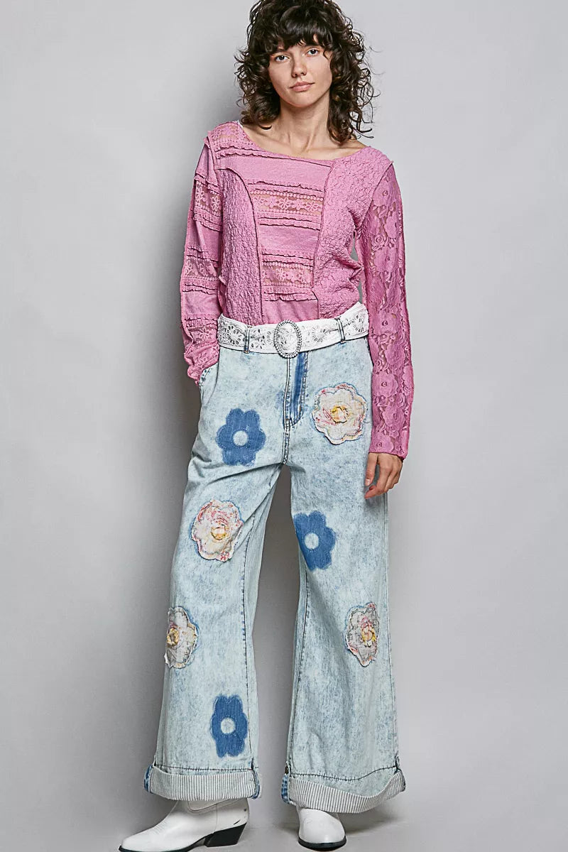 POL Round Neck Long Sleeve Exposed Seam Top with Lace Detail