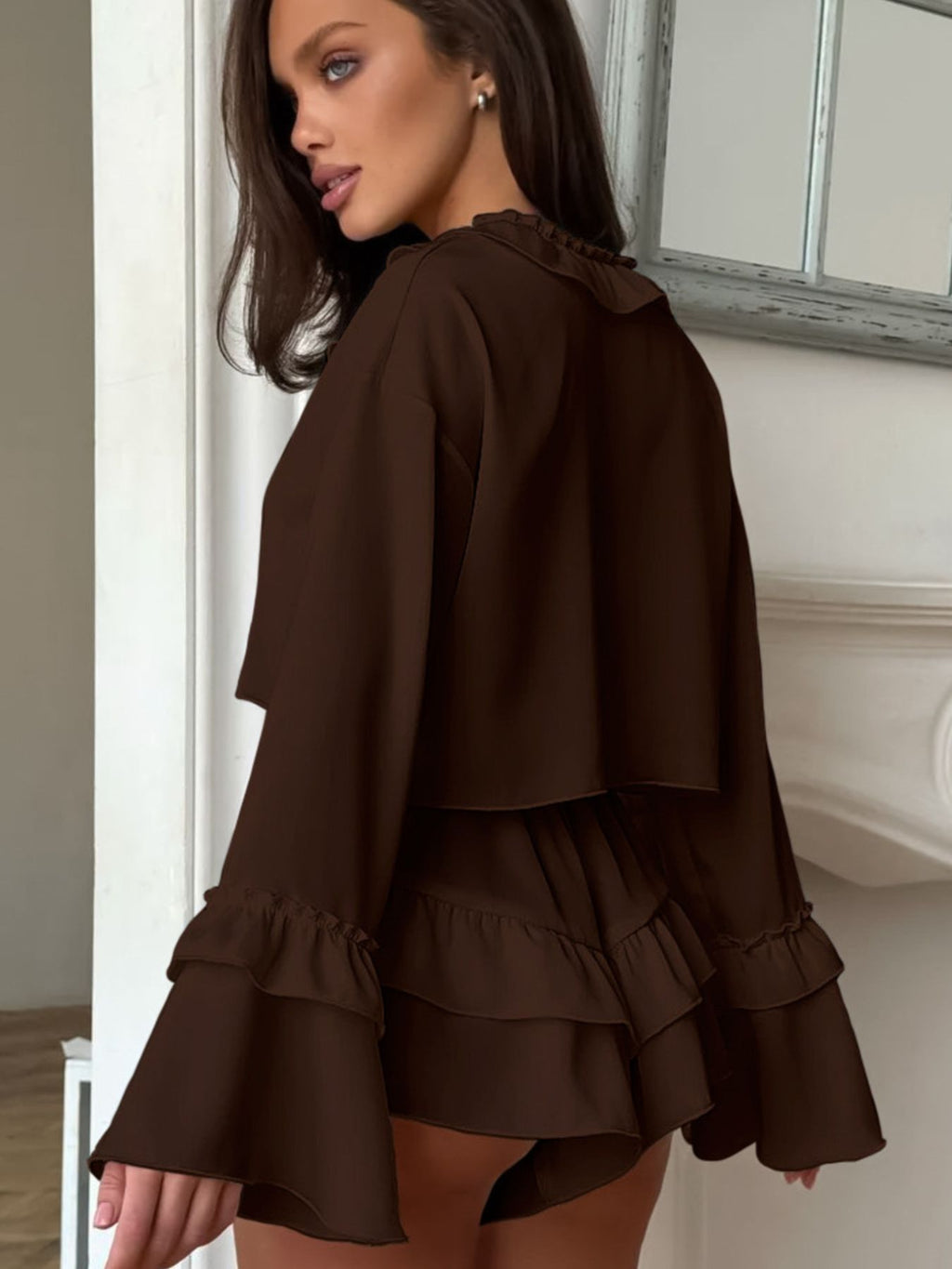 Ruffled V-Neck Top and Shorts Set