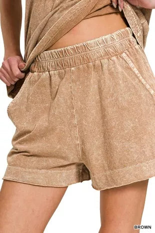 Zenana Halo Snow Washed Exposed Seam Top & Shorts Set