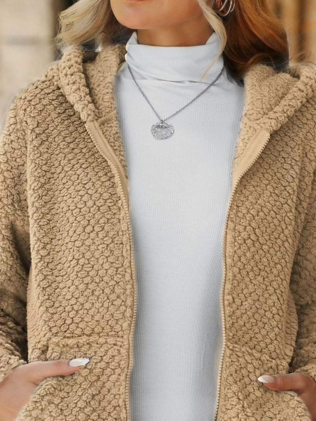 Textured Knit Zip-Up Hooded Outerwear